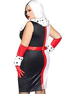 Cruella de Vil, maskeradklänning med bälte, fuskpäls och hög slits, plus size